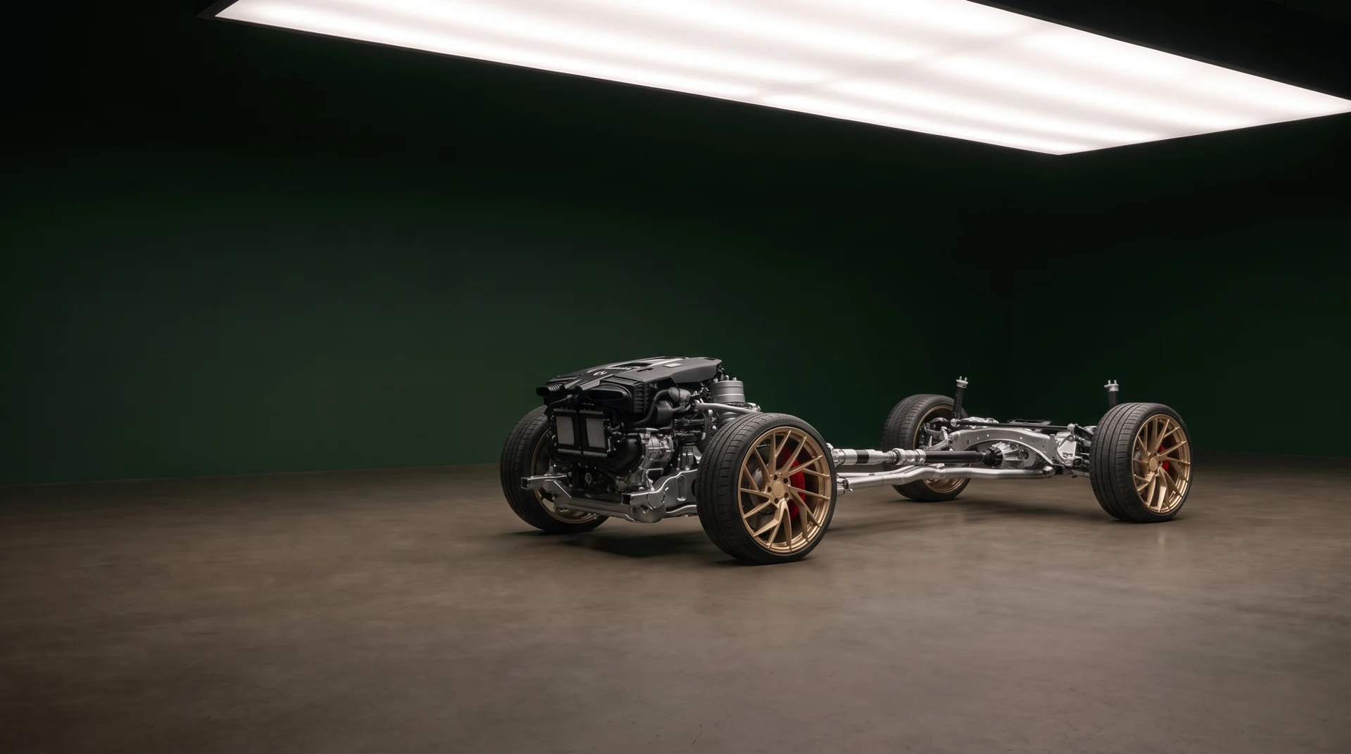 Illustrative car chassis with engine, suspension and brakes